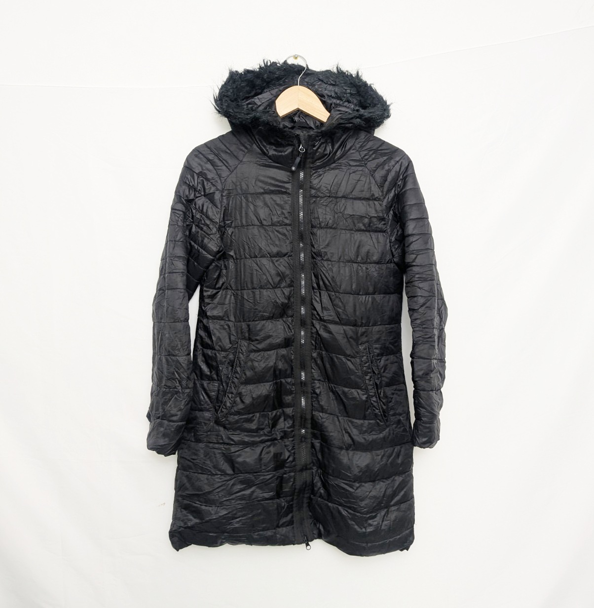 Champion Women’s Longline Puffer Coat – Black – Size S – Faux Fur Hood