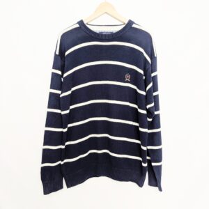 Tommy Hilfiger Men’s Navy Stripe Cotton Sweater Jumper Size L – Crest Logo