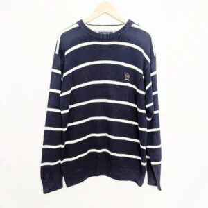 Tommy Hilfiger Men’s Navy Stripe Cotton Sweater Jumper Size L – Crest Logo