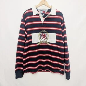 Tommy Jeans Rugby Shirt – Navy / Red / White – Crest Embroidery – Size L – 2000s
