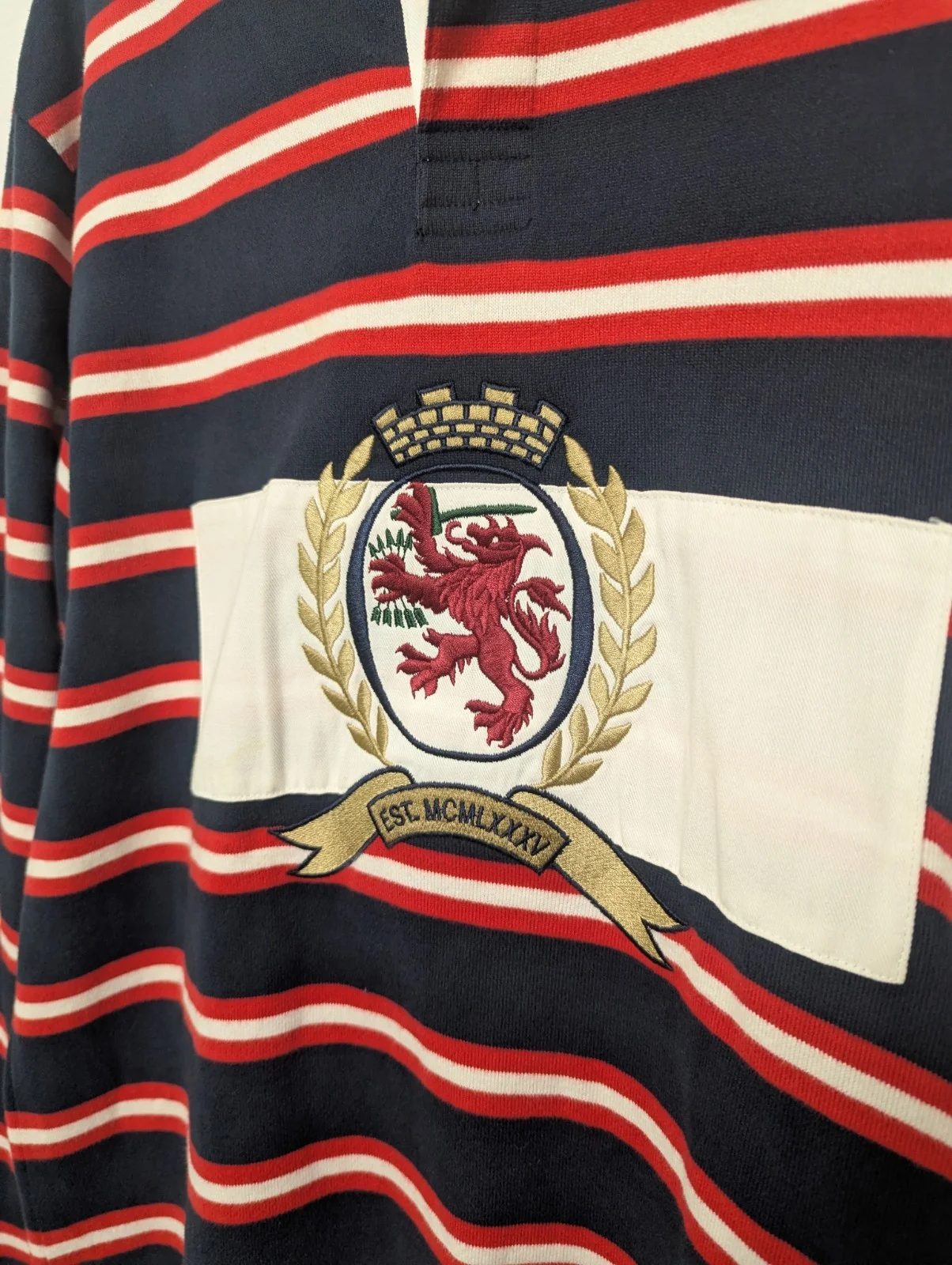 Tommy Jeans Rugby Shirt – Navy / Red / White – Crest Embroidery – Size L – 2000s