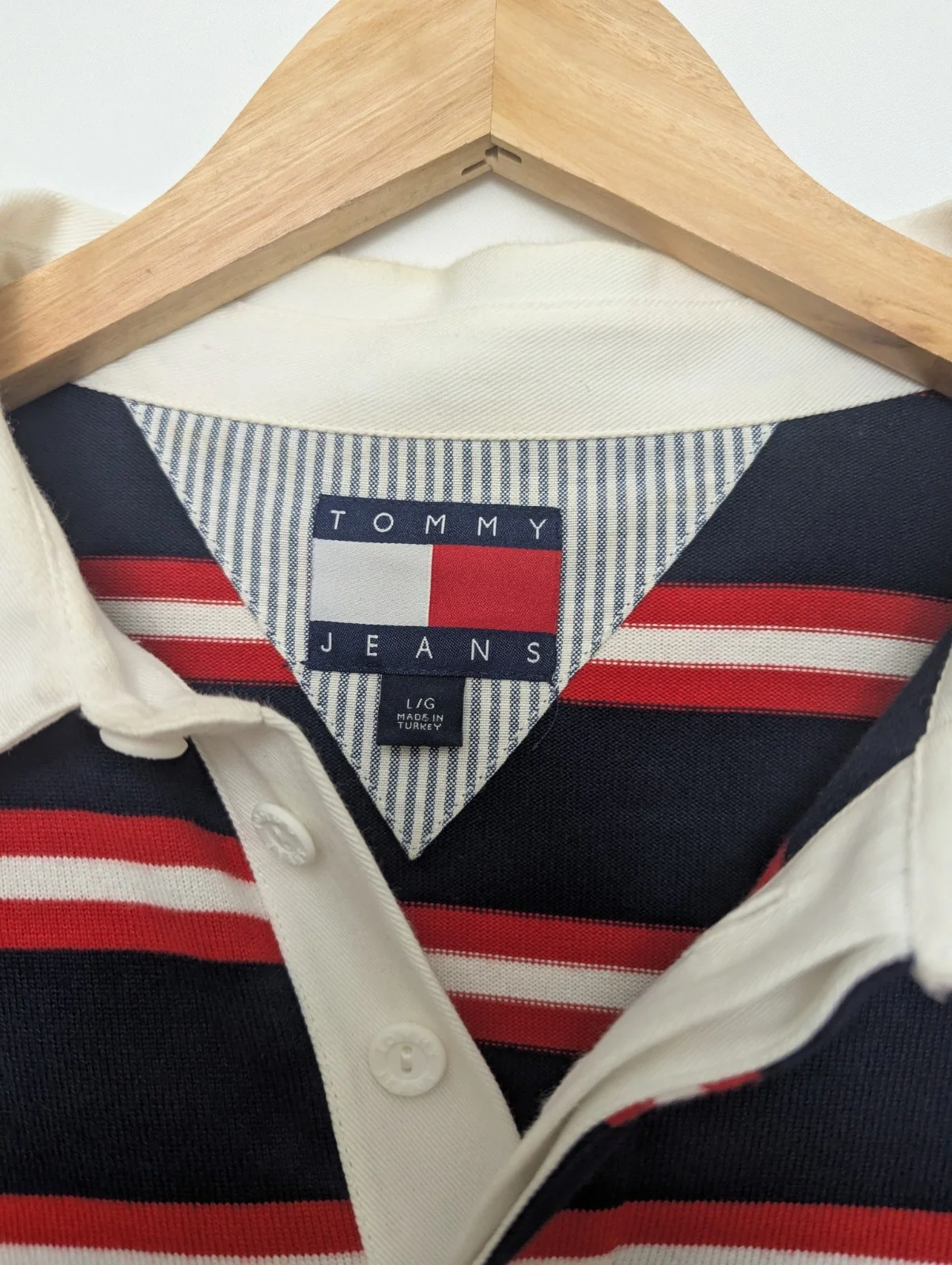 Tommy Jeans Rugby Shirt – Navy / Red / White – Crest Embroidery – Size L – 2000s