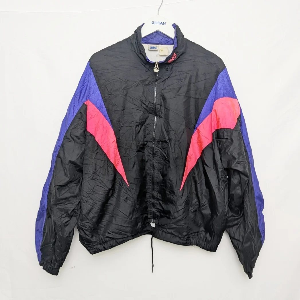 Vintage 1990s Asics Windbreaker Jacket – Women’s Large – Black / Purple / Pink