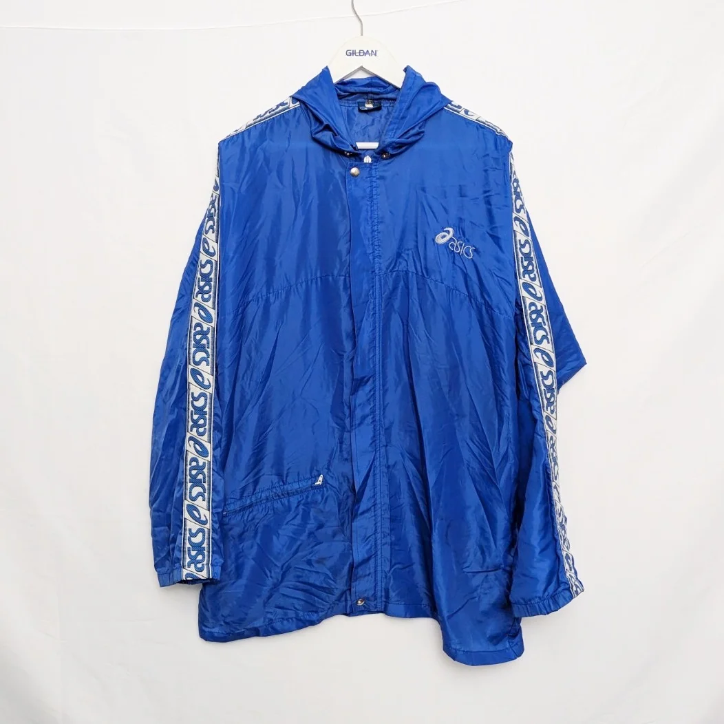 Vintage Asics Windbreaker Jacket – L – Electric Blue – 1990s – Logo Sleeve Tape