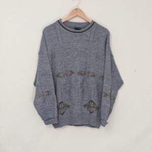 Vintage Canda Pattern Knit Jumper – Blue Grey – Size Xl