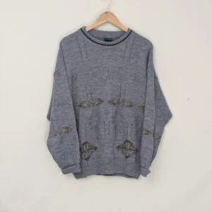 Vintage Canda Pattern Knit Jumper – Blue Grey – Size Xl