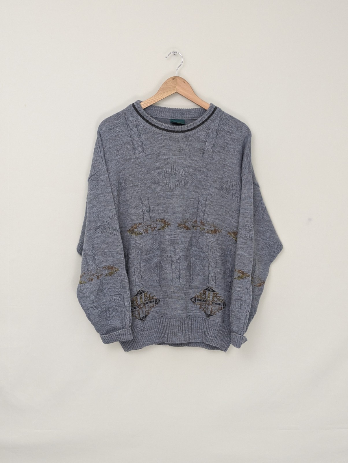 Vintage Canda Pattern Knit Jumper – Blue Grey – Size Xl