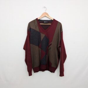 Vintage Glen Gannet Geometric Knit Jumper - Burgundy / Brown - Size Large