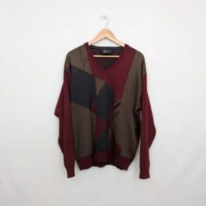 Vintage Glen Gannet Geometric Knit Jumper - Burgundy / Brown - Size Large
