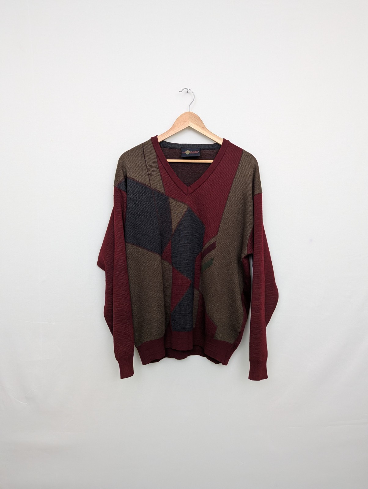 Vintage Glen Gannet Geometric Knit Jumper - Burgundy / Brown - Size Large