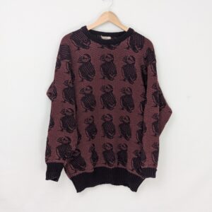 Vintage Sally Phillips Puffin Knit Jumper - Wool - Burgundy Black - Size Xl