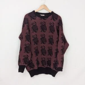 Vintage Sally Phillips Puffin Knit Jumper - Wool - Burgundy Black - Size Xl