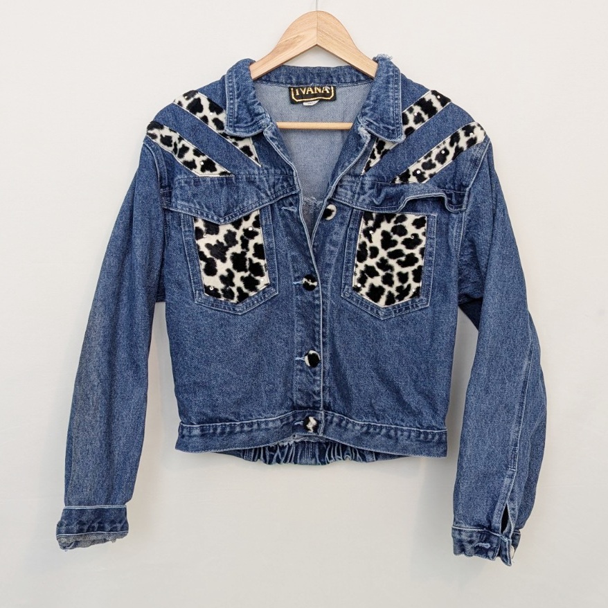 Vintage Y2k Ivana Cropped Denim Jacket - Women’s Small - Cow Print