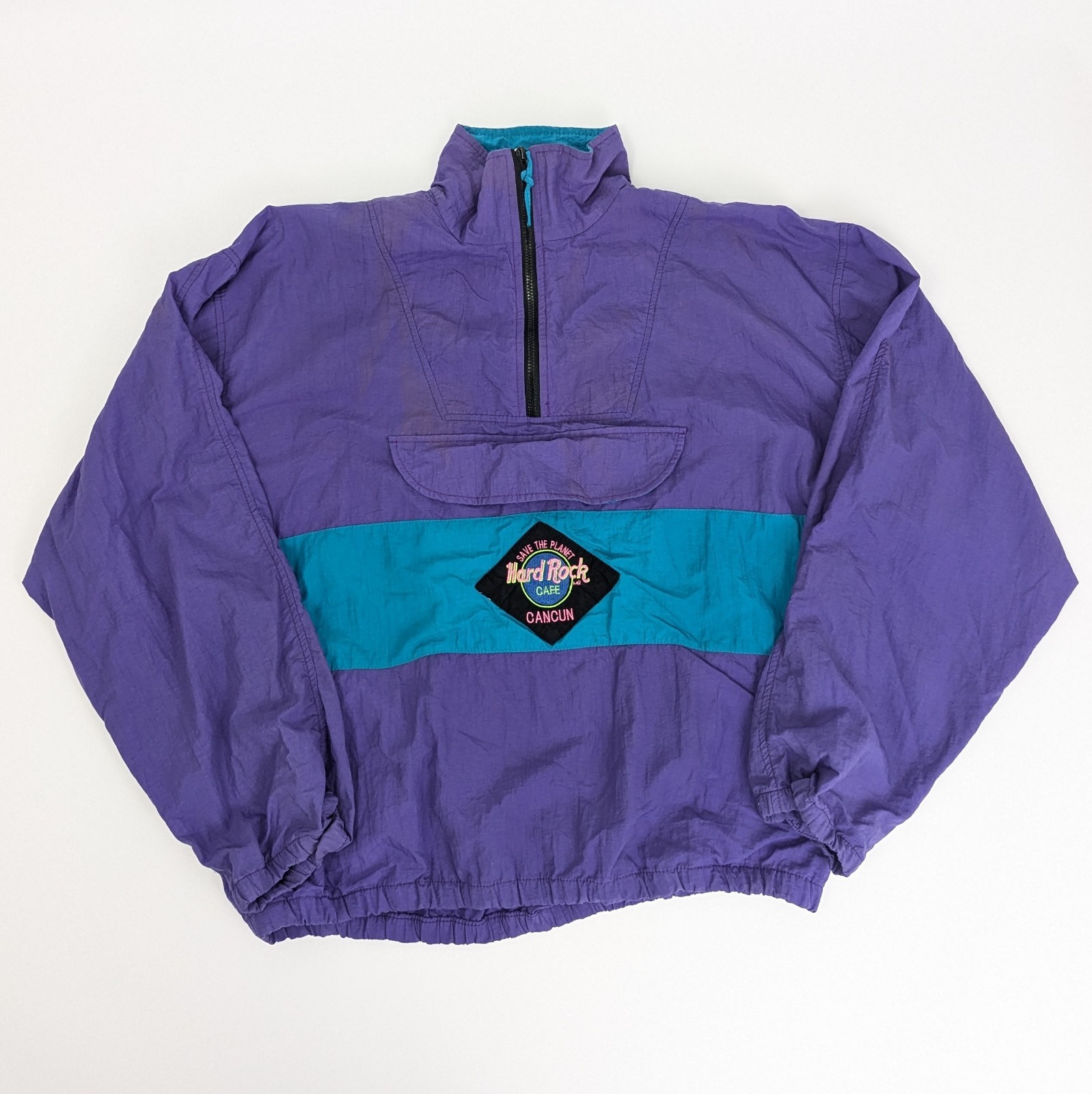 Hard Rock Cafe Vintage Windbreaker Jacket - Purple/teal - 1/4 Zip - Size M