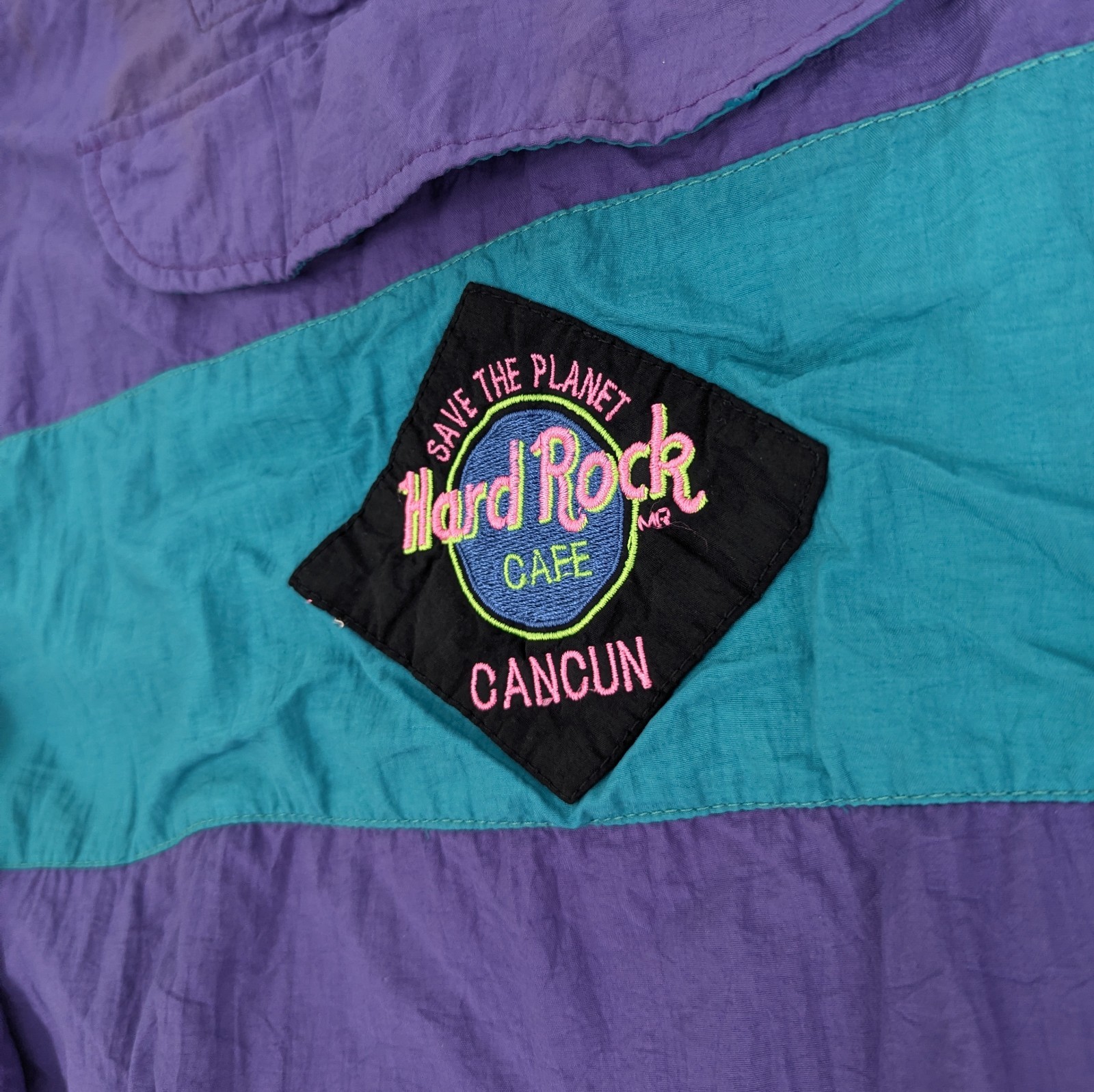 Hard Rock Cafe Vintage Windbreaker Jacket - Purple/teal - 1/4 Zip - Size M