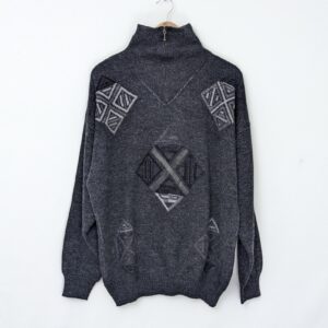 Red Fox Vintage Quarter Zip Knit Jumper - Grey Patterned - Size Xl