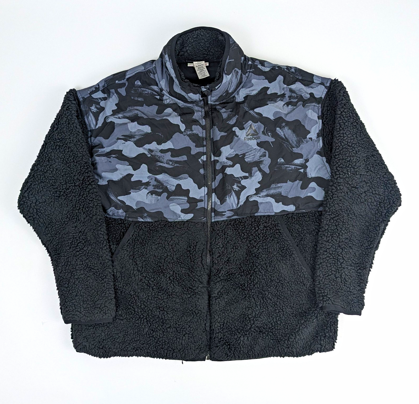 Reebok Sherpa Fleece Jacket - Black / Grey Camo - Size Xl - Teddy Full Zip
